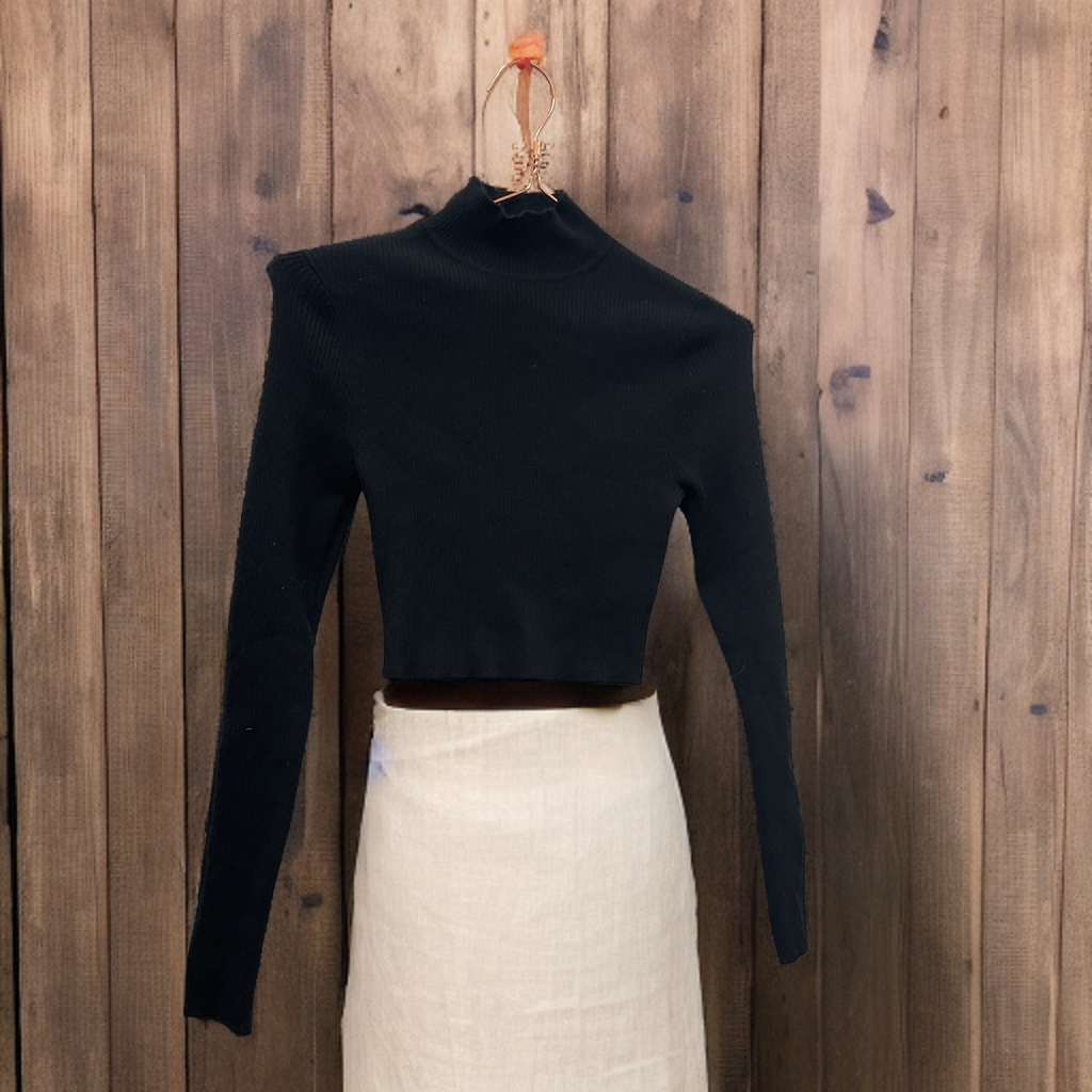 Rubynee Vintage y2k Women turtle neck black Long Sleeve Plain Short Stretch Casual top
