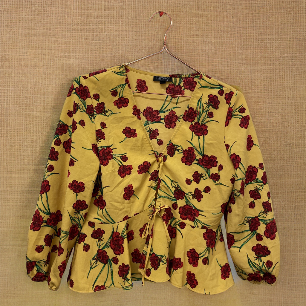 Rubynee  Vintage y2k Topshop Women Yellow Red Floral 3/4 Sleeve Polyester Crop Peplum Top size XS