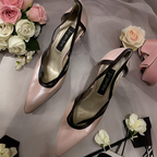 Vintage Woman's open shoe with strap in nude pink leather and black patent leather heel size 38