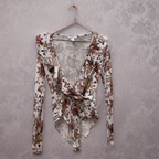 Peach floral long sleeve womens bodysuit size S