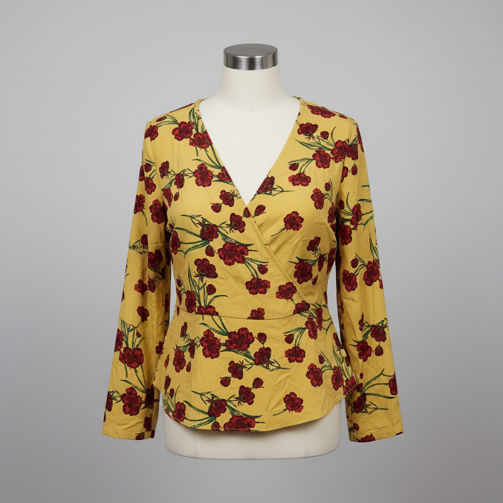 Rubynee  Vintage y2k Topshop Women Yellow Red Floral 3/4 Sleeve Polyester Crop Peplum Top size XS