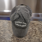 Rubynee Vintage y2k grey suede baseball cap with siuslaw river coffee roasters crest design