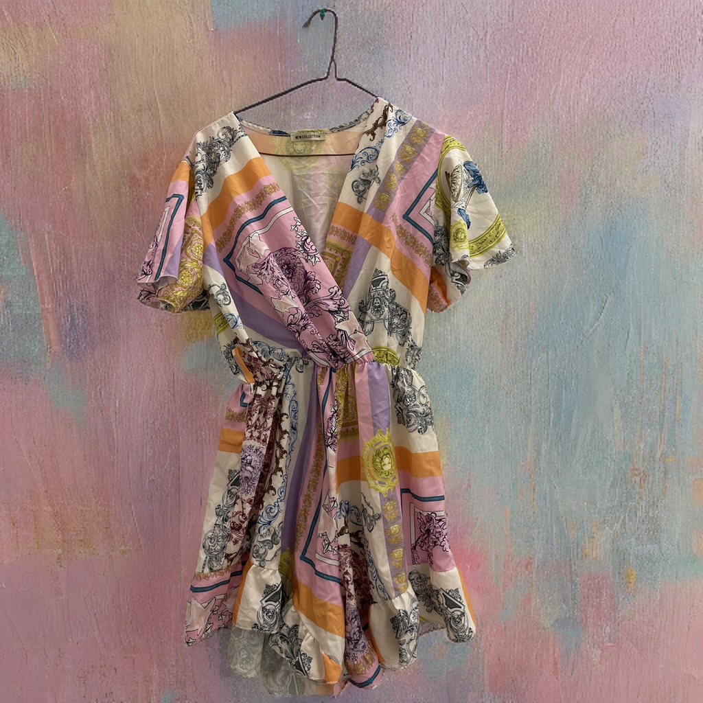 Rubynee Vintage y2k short sleeve patterned multi color mini dress