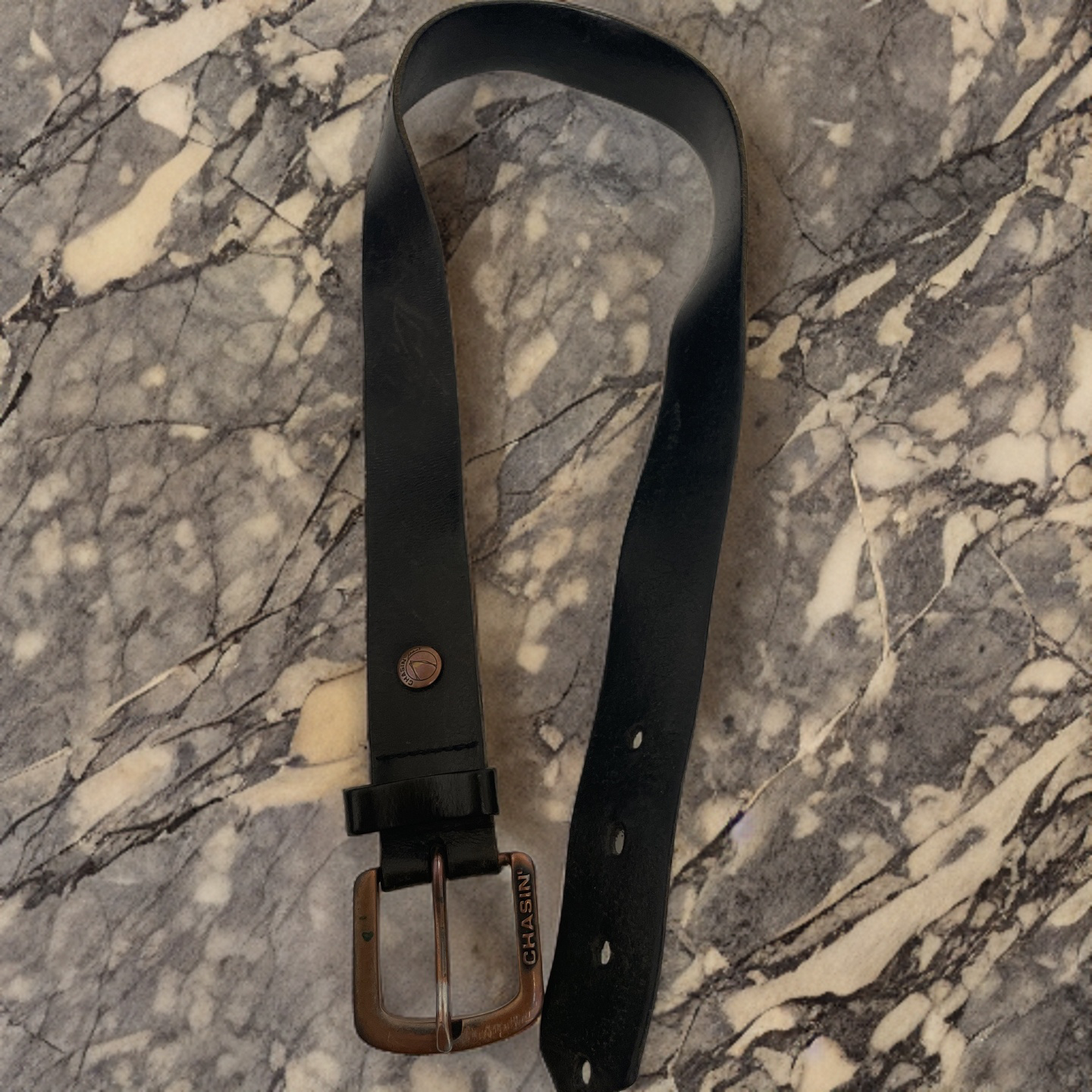 Vintage Chasin black leather mens square buckle belt size S