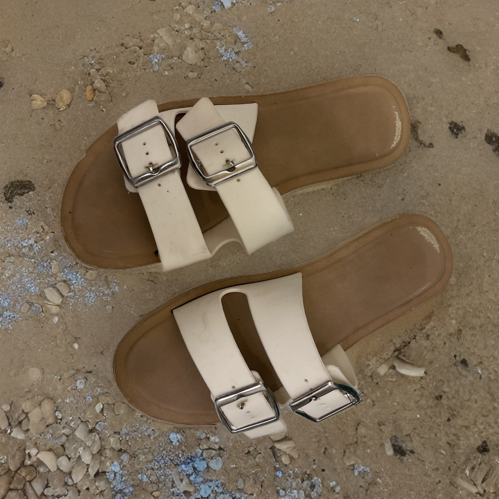 Vintage Women Double Buckles Summer Casual white slippers us 6