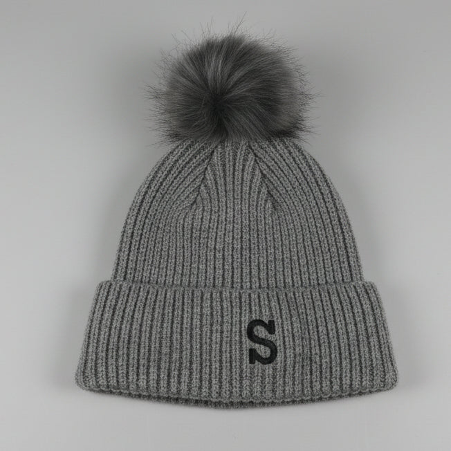 Gray Ribbed Knit Beanie with S graphics crest SKU 7259