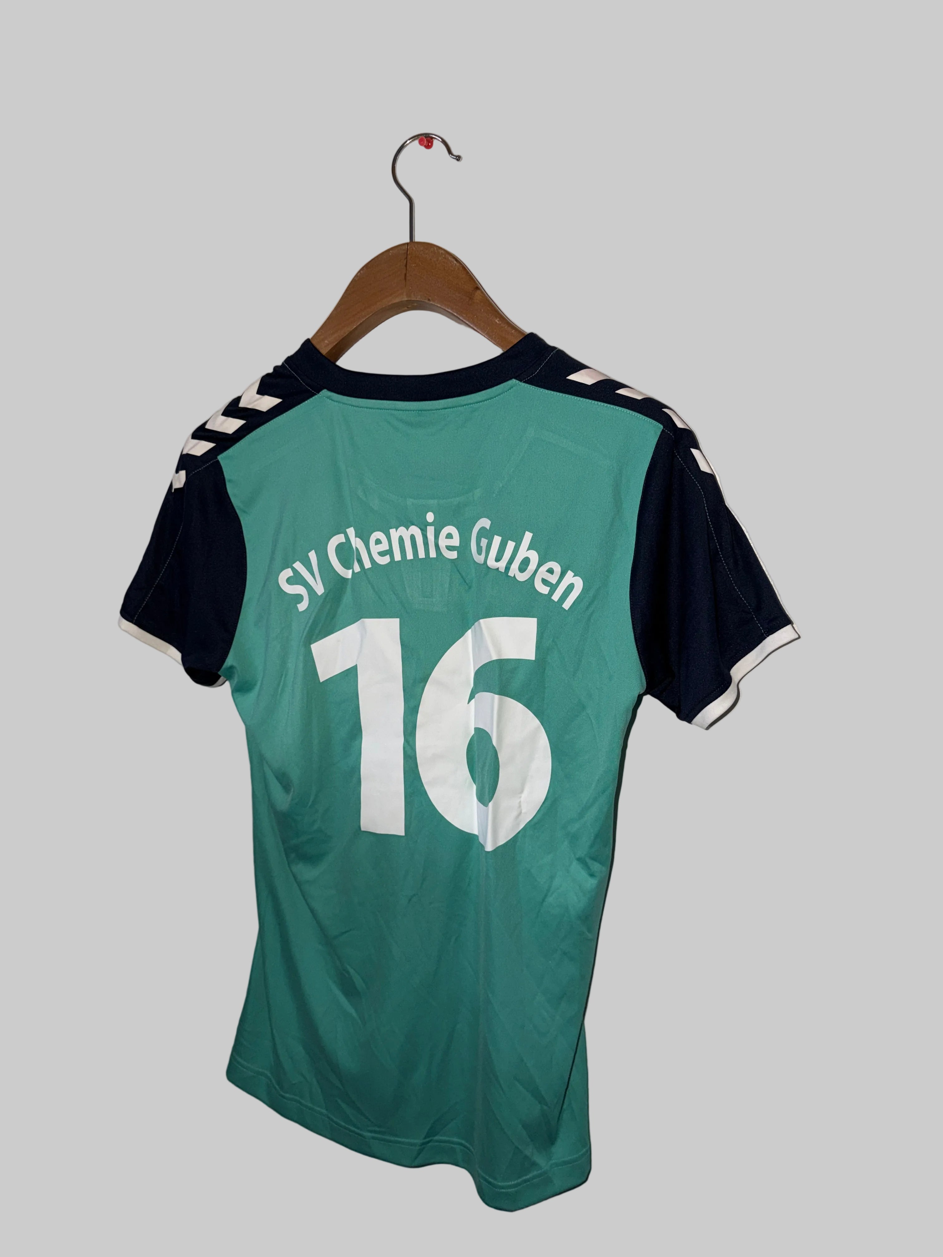 Hummel Core SS Poly Jersey, likely a team handball jersey for SC DHfK Leipzig, featuring the number 16 and sponsors "Allianz Griesbach & Bisch".  SizeSKU 7351