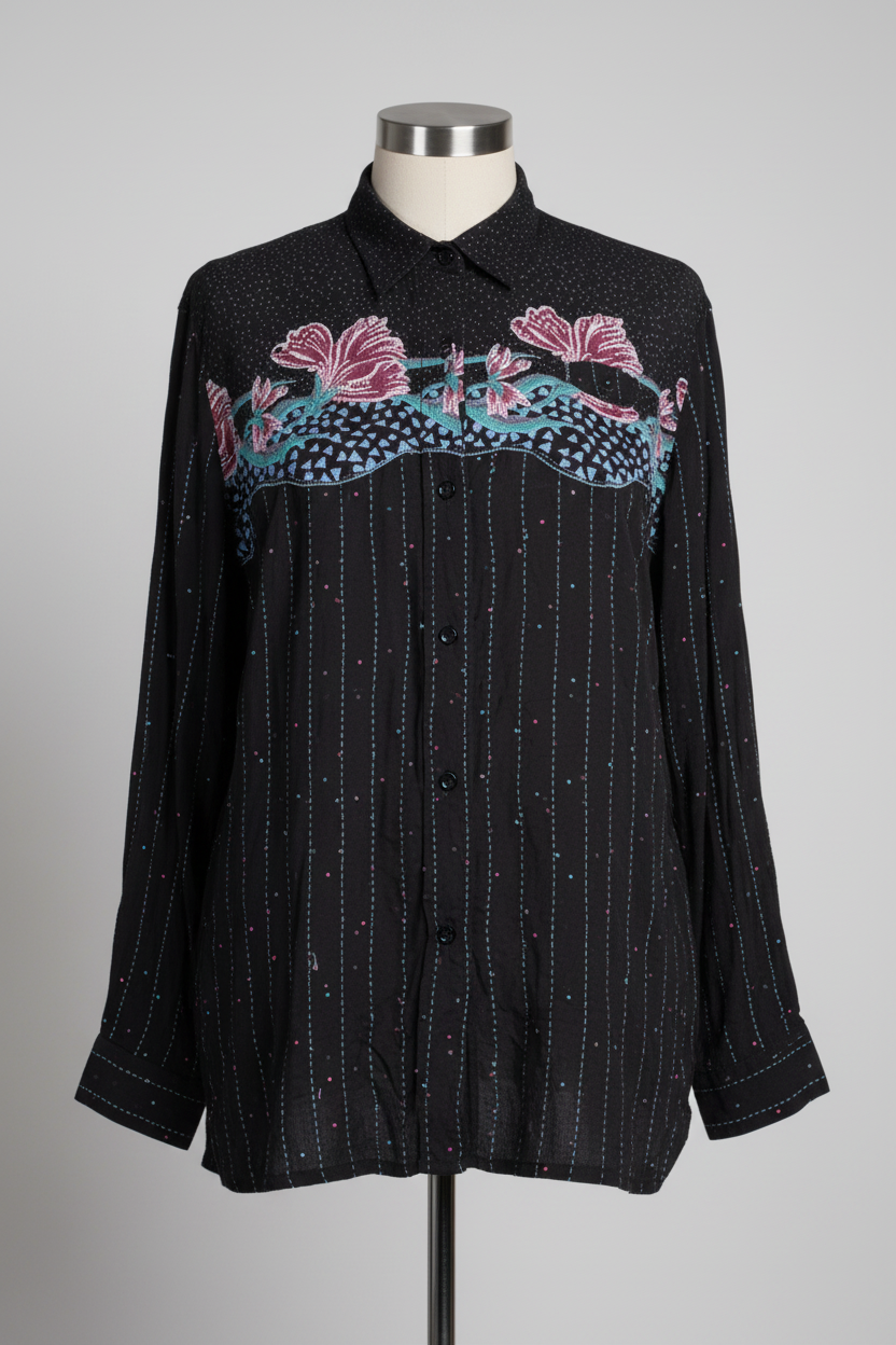 Vintage black flower long sleeve button up unisex shirts in M| L30W18|SKU 5523