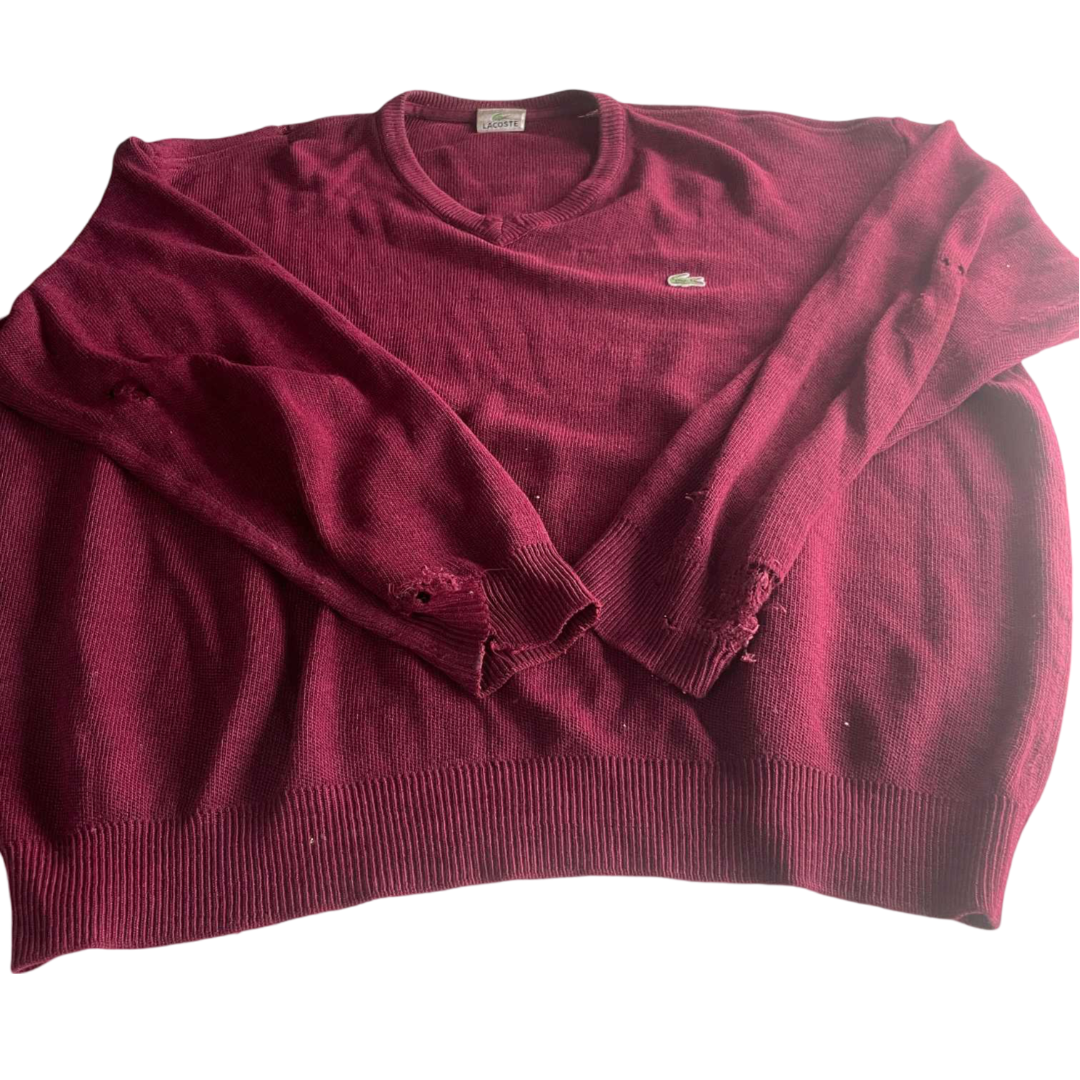 Vintage unisex Lacoste Maroon v-neck oversize sweatshirt in XL|L27 W27|SKU 5558