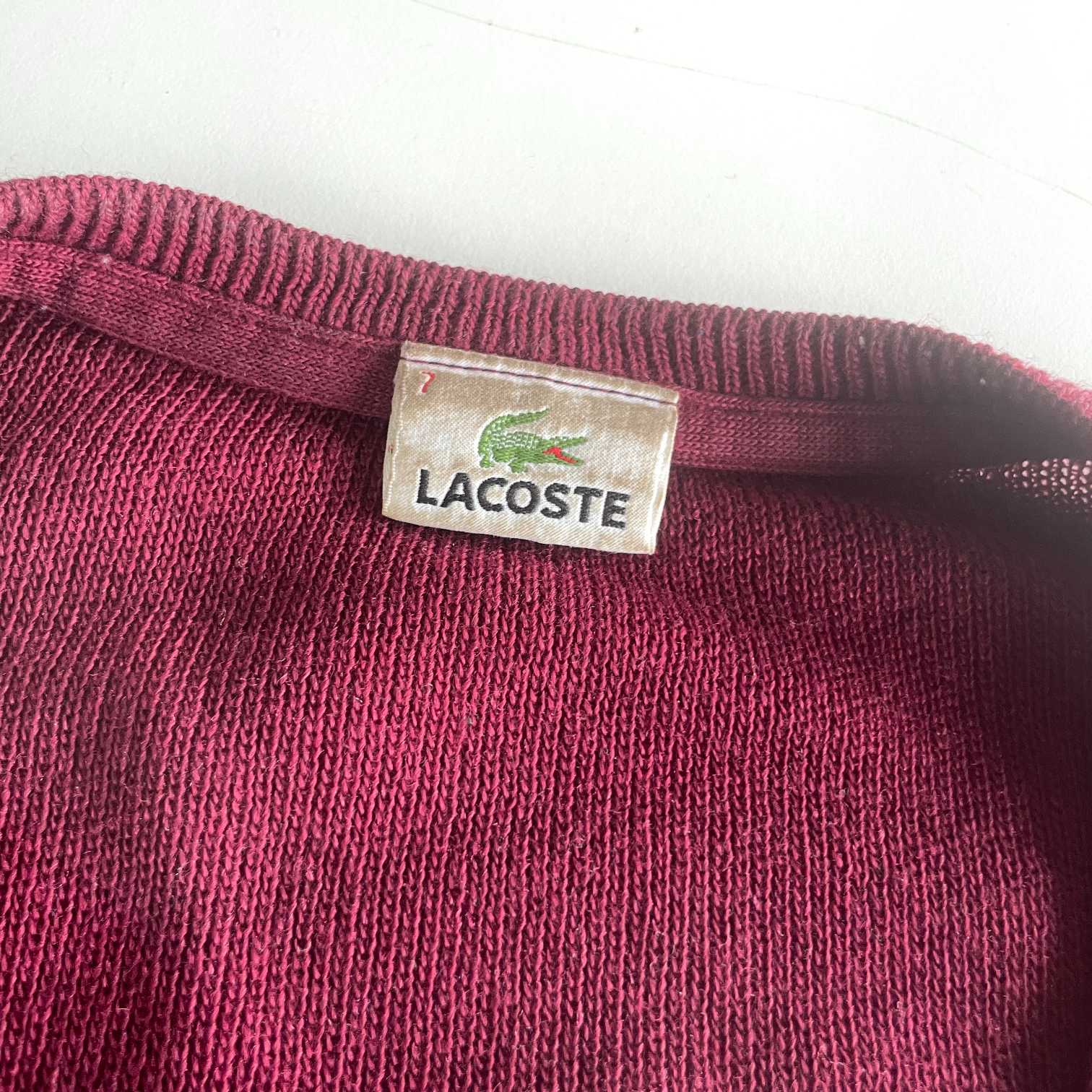 Vintage unisex Lacoste Maroon v-neck oversize sweatshirt in XL|L27 W27|SKU 5558