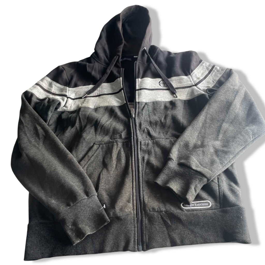 Vintage men grey Sergio Tacchini full zip drawstring hoodie in S|L 27 W20| SKU 5589
