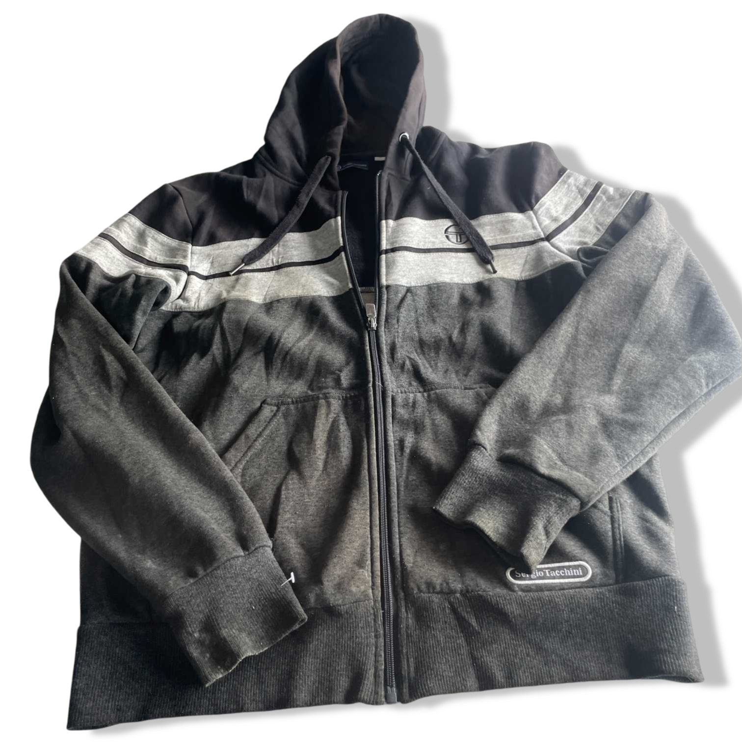 Vintage men grey Sergio Tacchini full zip drawstring hoodie in S|L 27 W20| SKU 5589