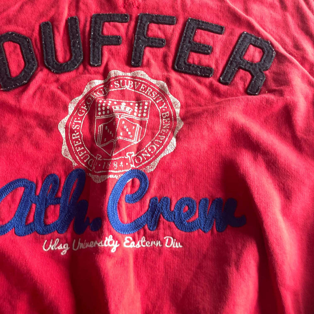 Vintage men Duffer Athletic crew london graphics red crew neck sweatshirt in M|L27 W21|SKU 5590