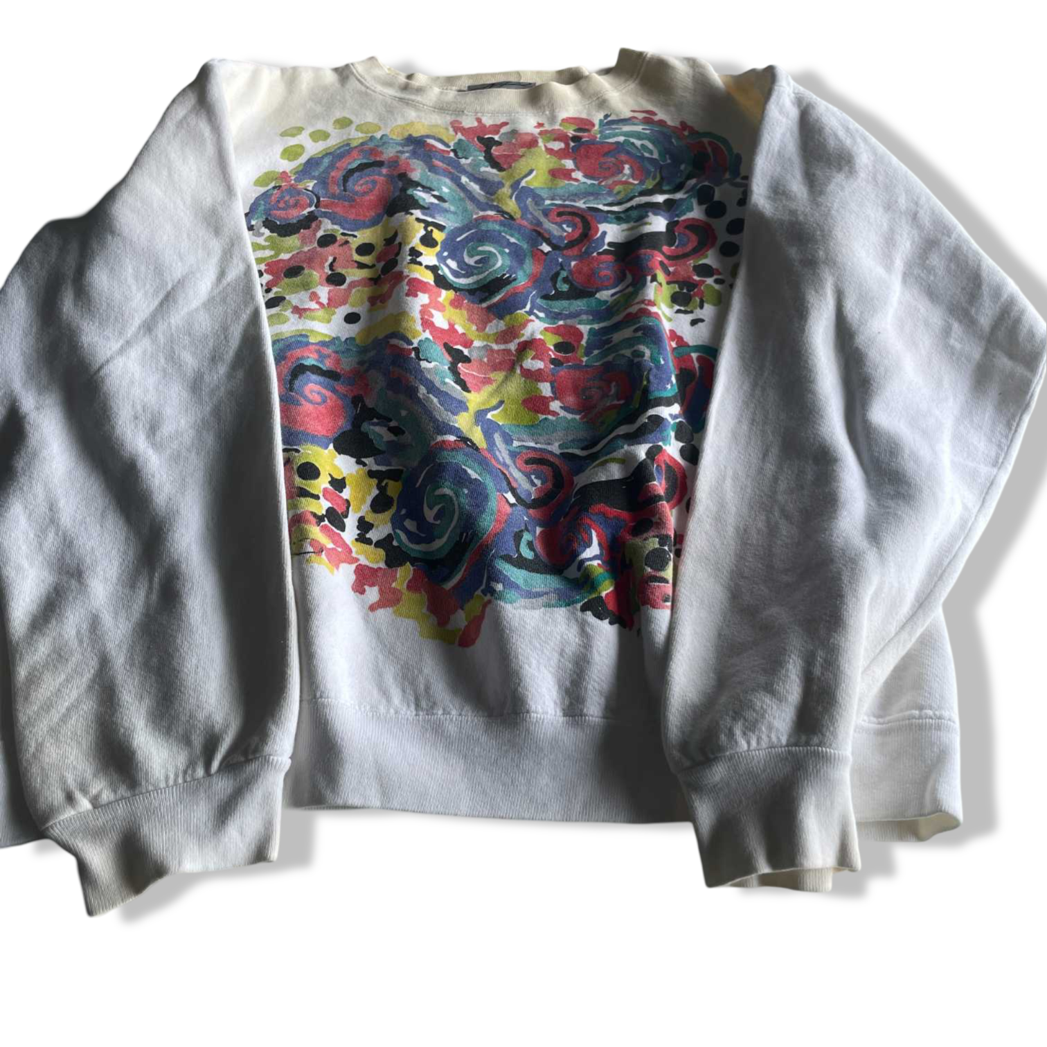 Vintage men cream graphics crew neck sweatshirt in M|L27 W19|SKU 5632