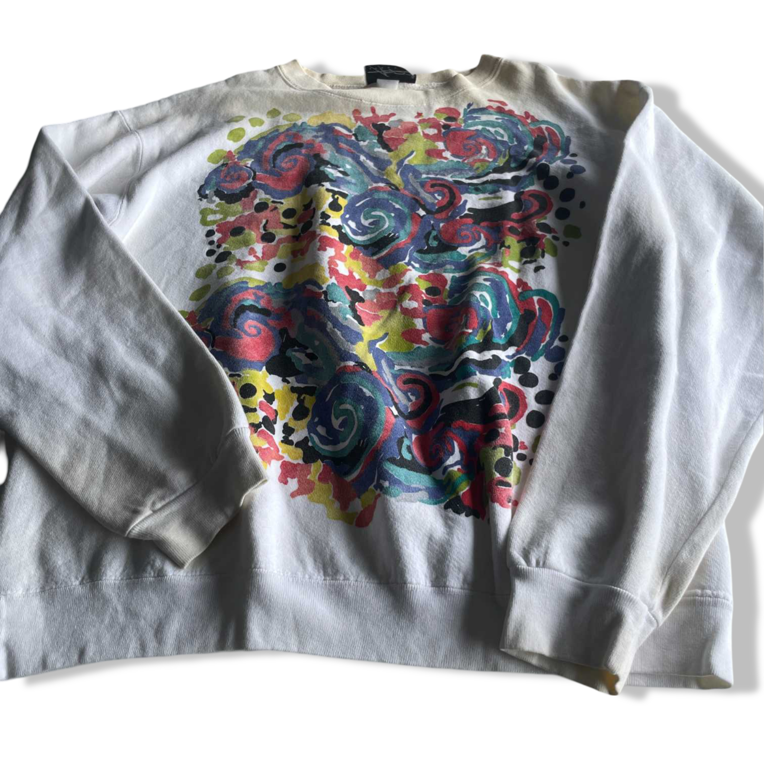 Vintage men cream graphics crew neck sweatshirt in M|L27 W19|SKU 5632