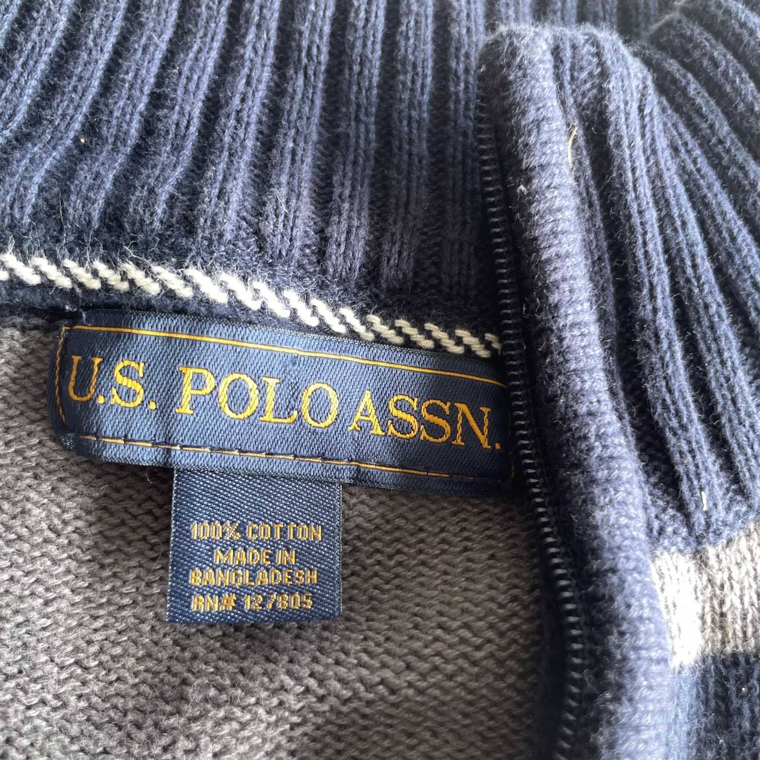 Vintage women US Polo Assn 1/4 zip grey navy stripe sweatshirt size 14/16|SKU 5652