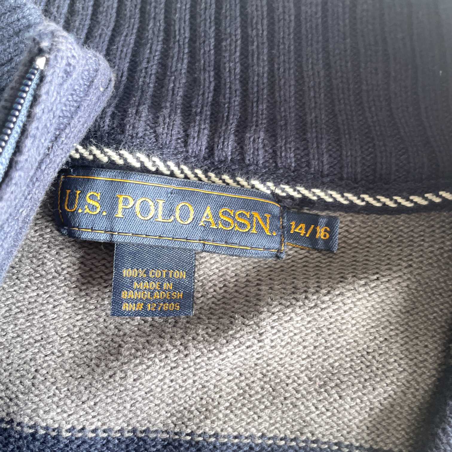 Vintage women US Polo Assn 1/4 zip grey navy stripe sweatshirt size 14/16|SKU 5652