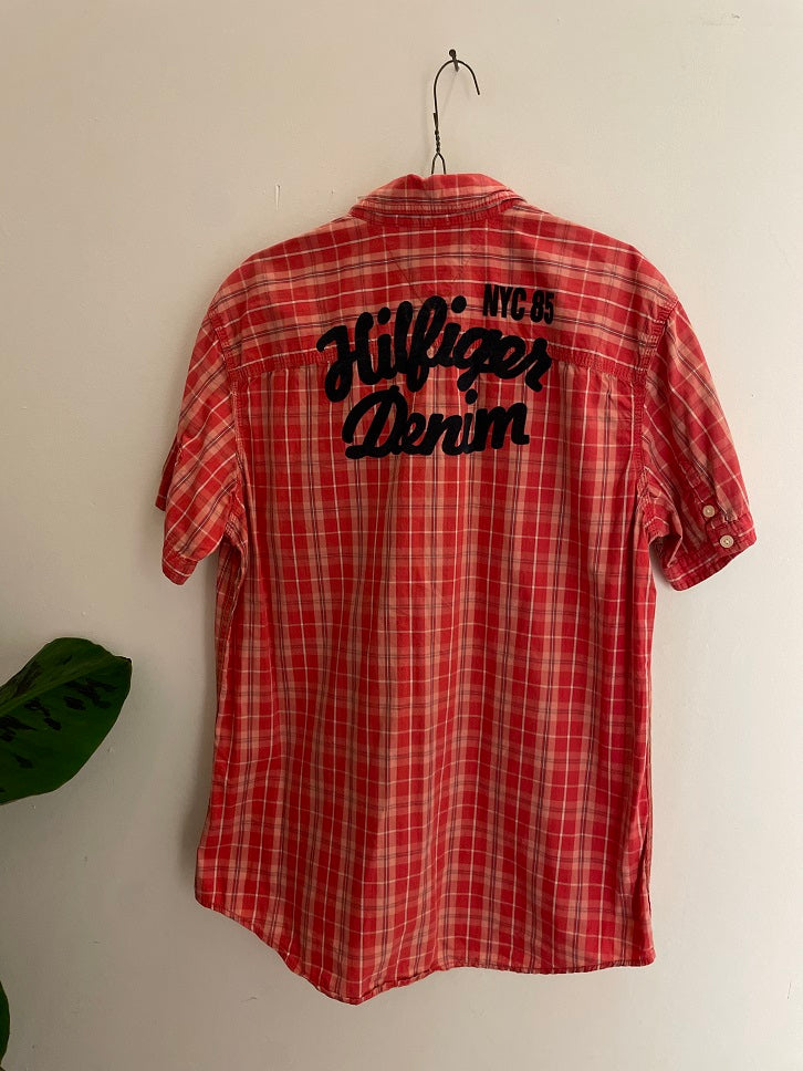 Vintage Tommy Hilfiger denim red checkered short sleeve men shirt size XL