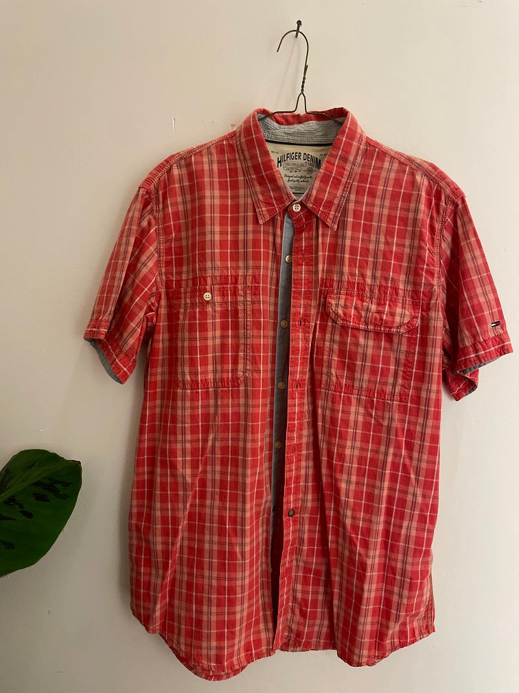 Vintage Tommy Hilfiger denim red checkered short sleeve men shirt size XL