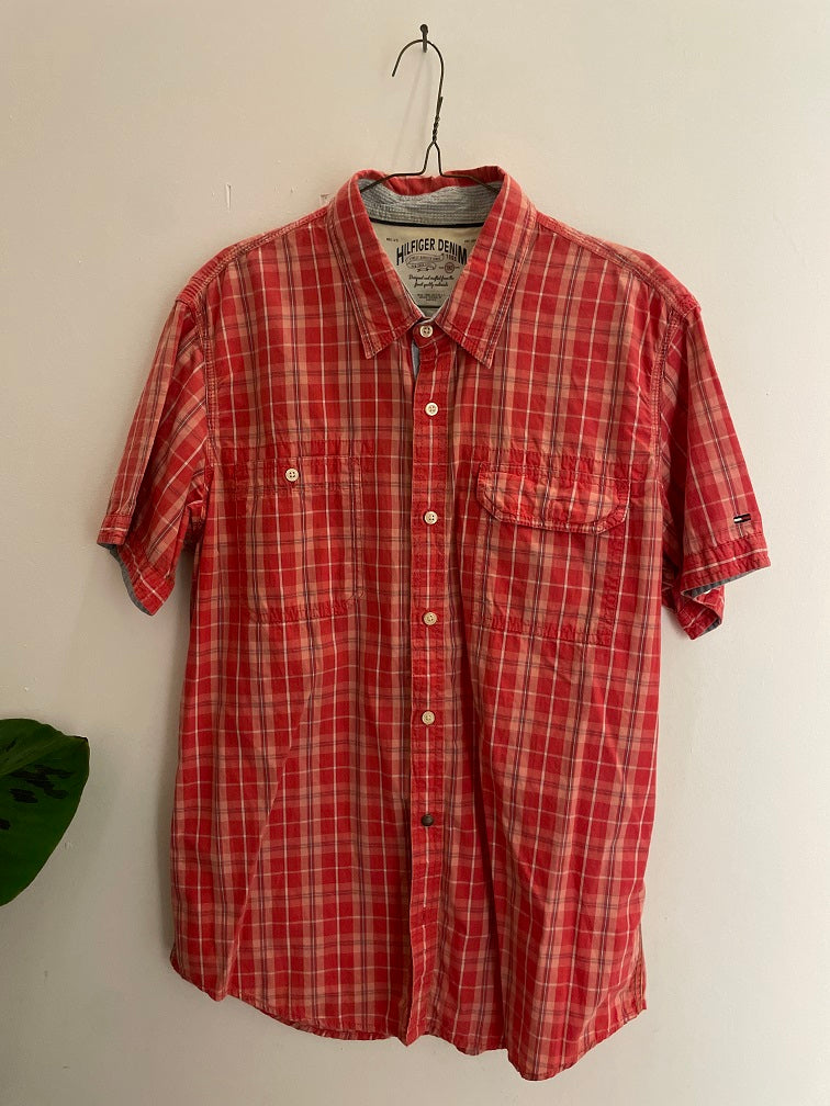 Vintage Tommy Hilfiger denim red checkered short sleeve men shirt size XL