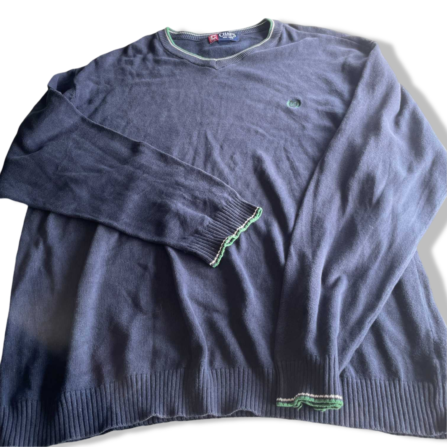 Vintage men Chaps  Navy 90's V-neck cable knitted sweatshirt in XXL|L32 W25|SKU 5659