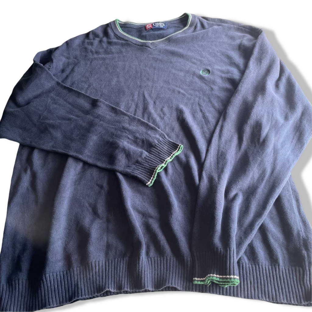 Vintage men Chaps  Navy 90's V-neck cable knitted sweatshirt in XXL|L32 W25|SKU 5659