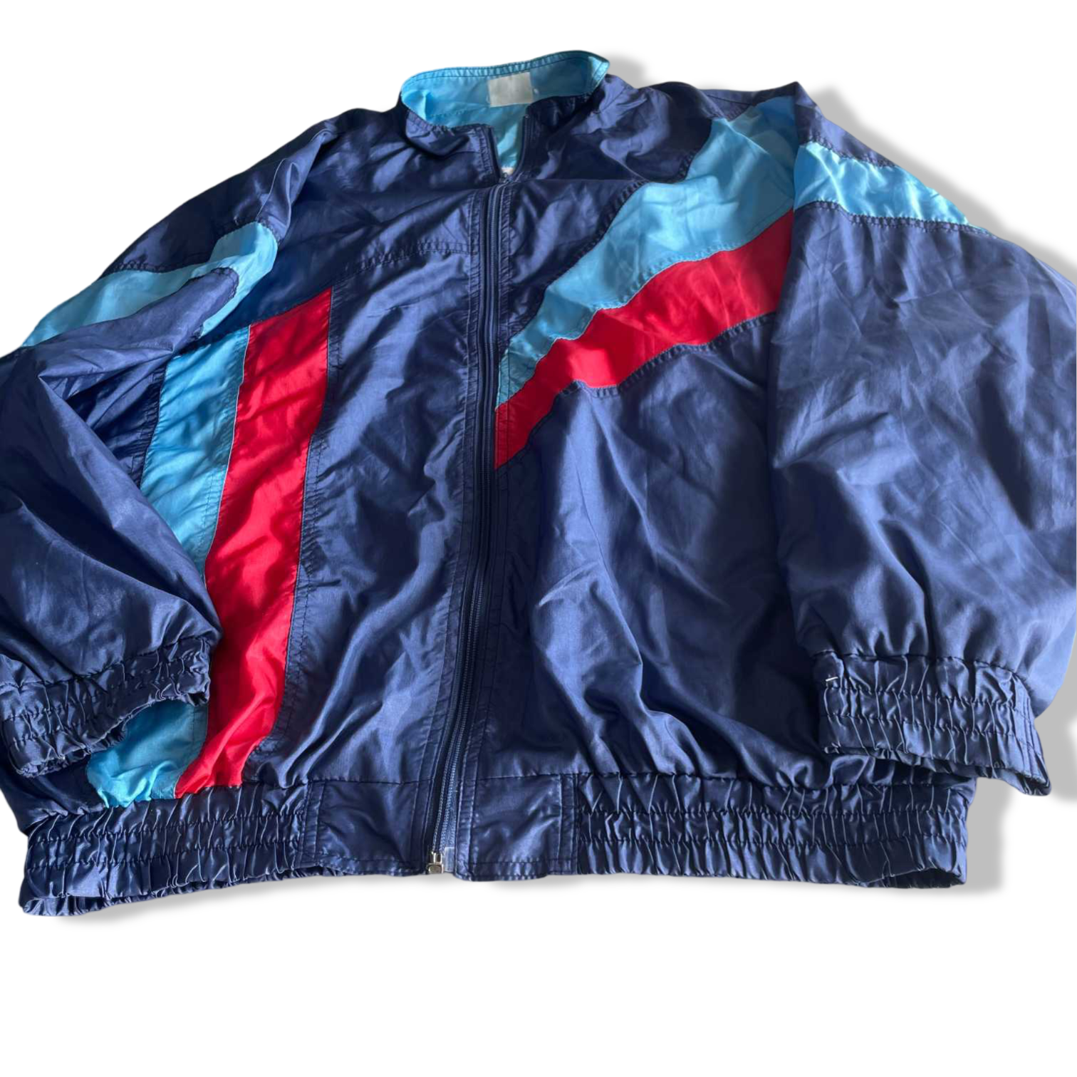 Vintage men Navy color block nylon wind breaker 90's full zip jacket in XXL|L30 W25| SKU 5662