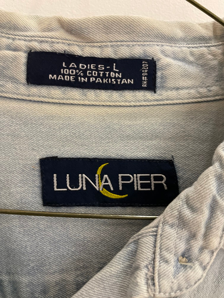 Vintage luna pier blue women long sleeve shirt size L