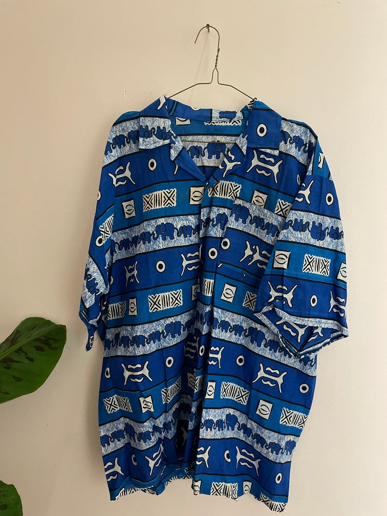 Vintage abstract blue patterned men shirt size XXL