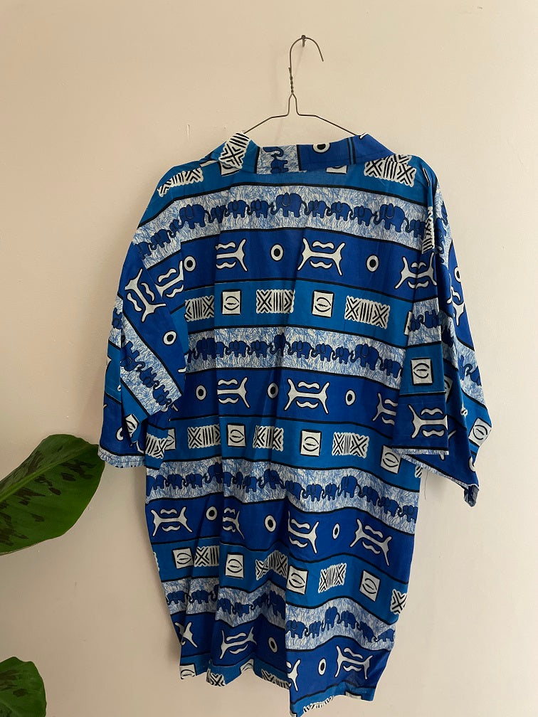 Vintage abstract blue patterned men shirt size XXL