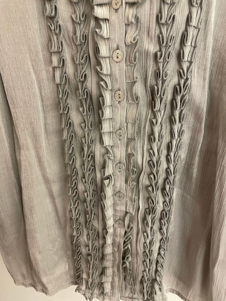 Vintage women grey ruffle neck long sleeve blouse size M