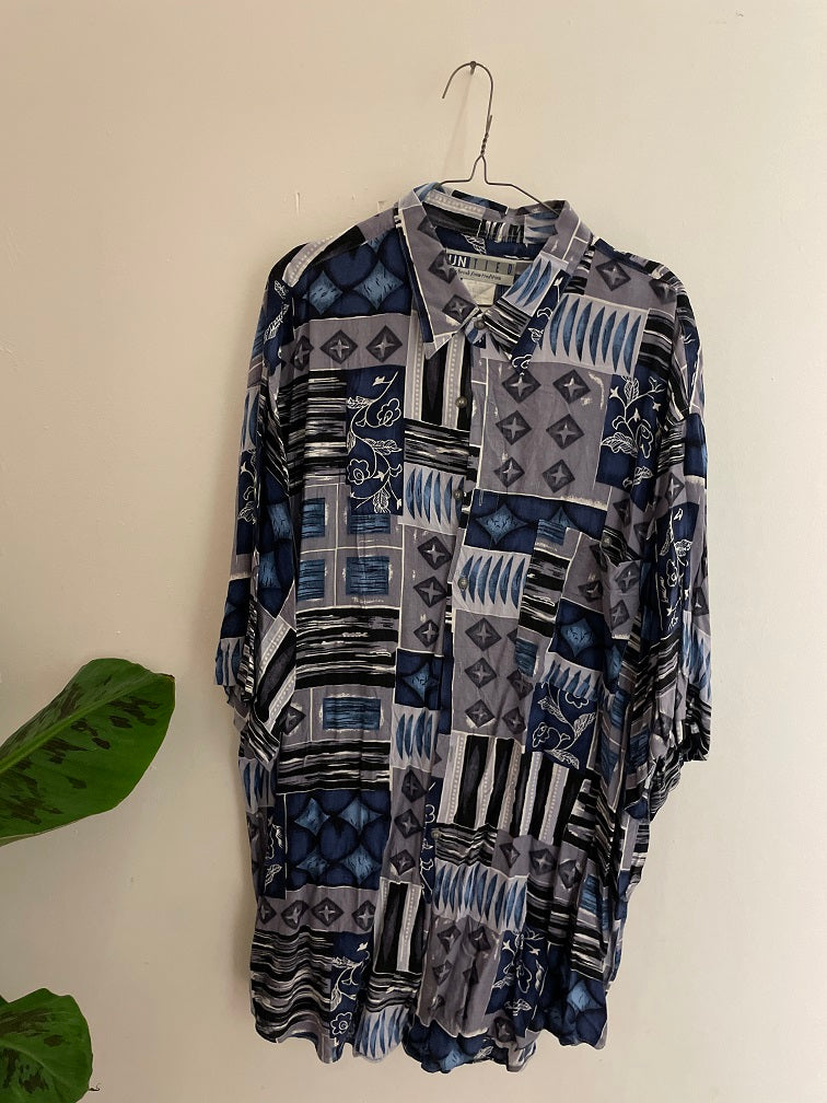 Vintage blue abstract patterned long sleeve shirt size XXL