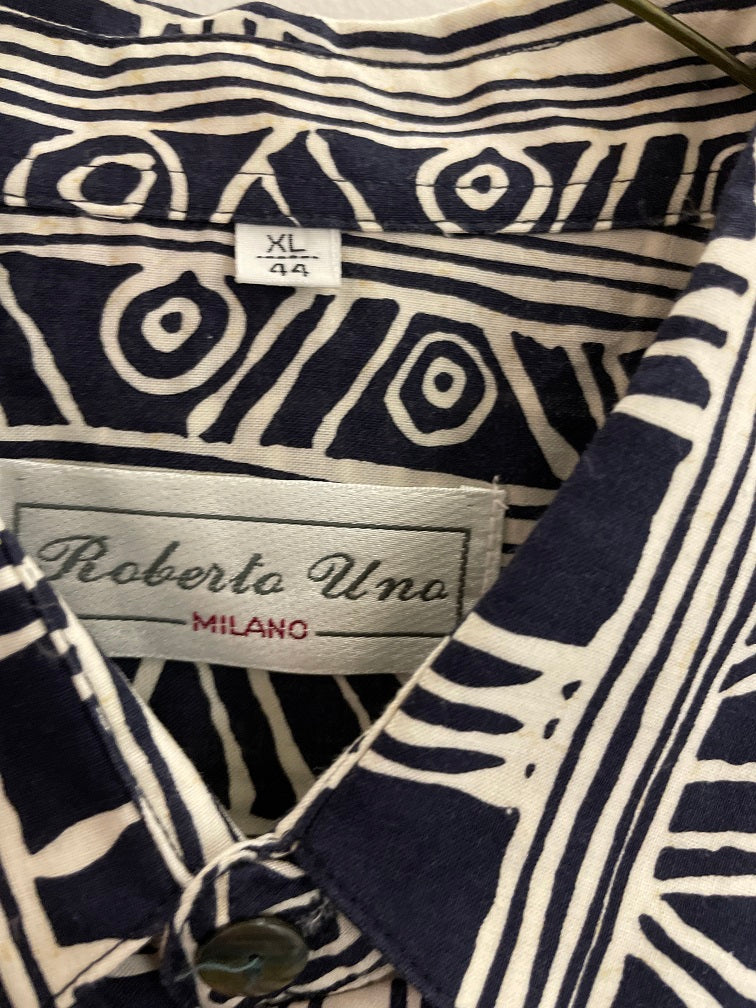 Vintage roberto una milano blue abstract patterned short sleeve shirt size XL