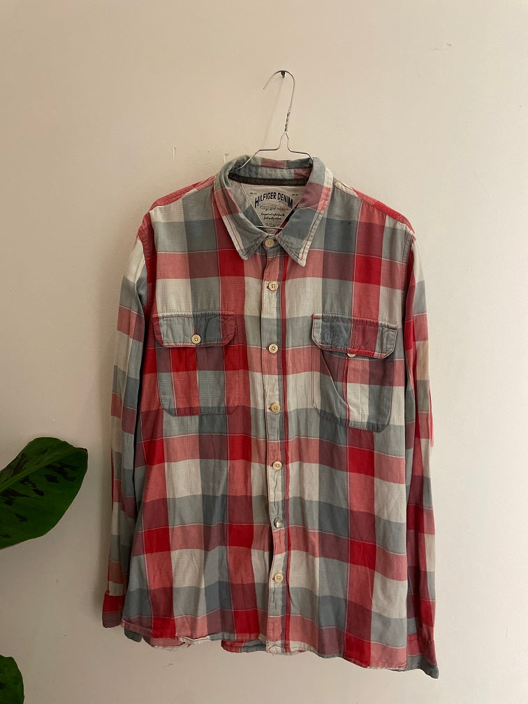 Vintage tommy hilfiger red checkered mens shirt size M