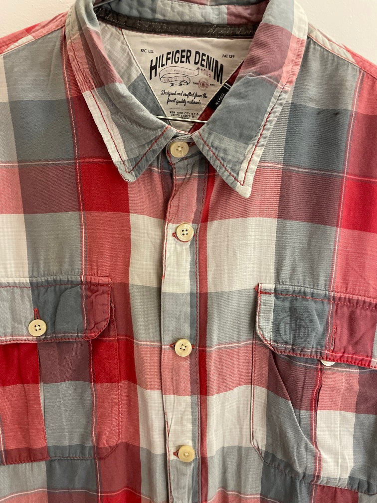 Vintage tommy hilfiger red checkered mens shirt size M
