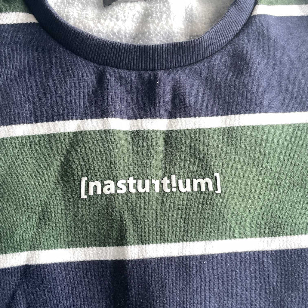 Vintage men green blue multi stripe  crew neck sweatshirt in M|L27 W21|SKU 5693