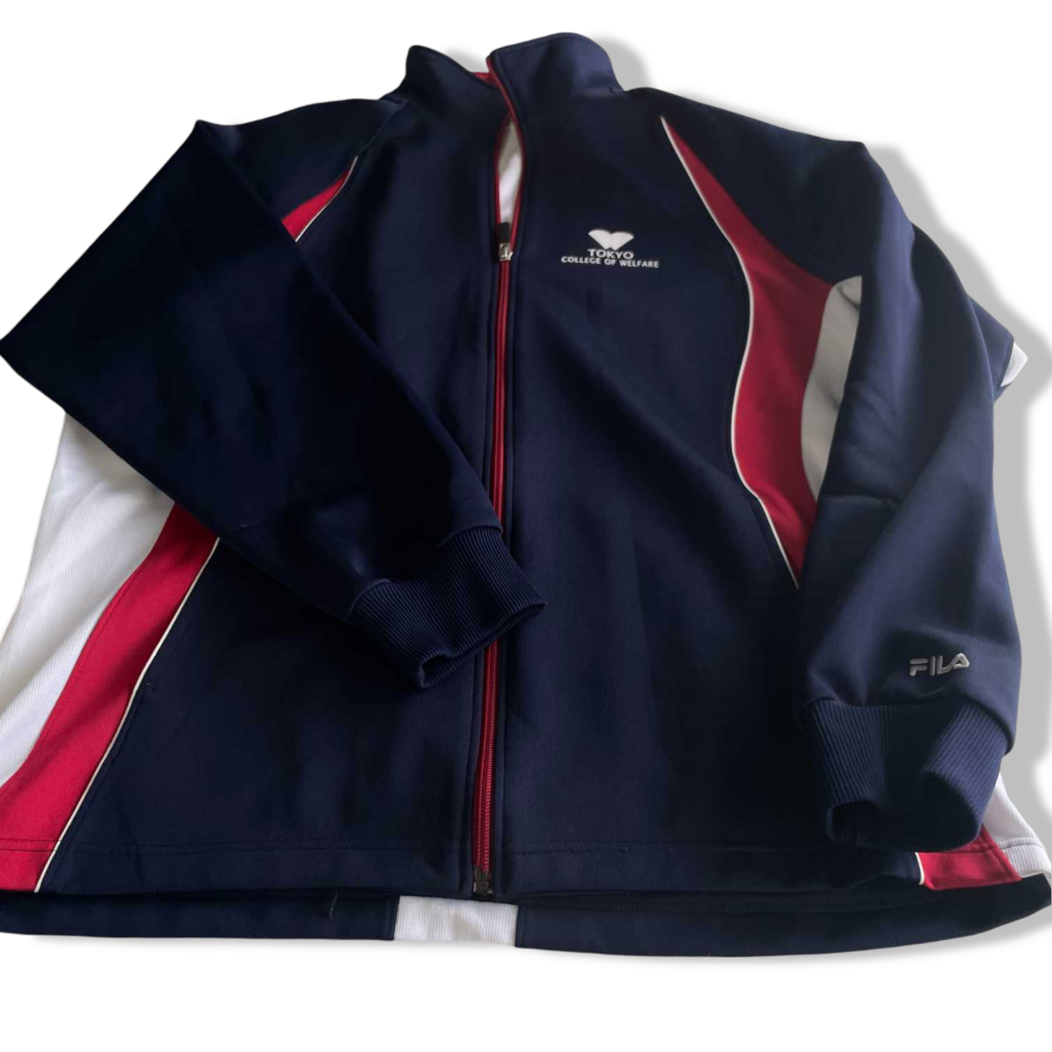 Vintage men Fila Tokyo college of welfare Navy colorblock bomber jacket in L|SKU 5713