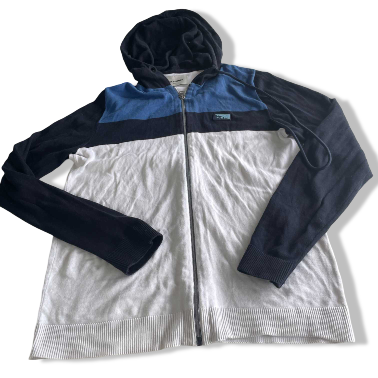 Vintage women Jack & jones core white & blue colorblock hoodie in M|L27W19|SKU 5726