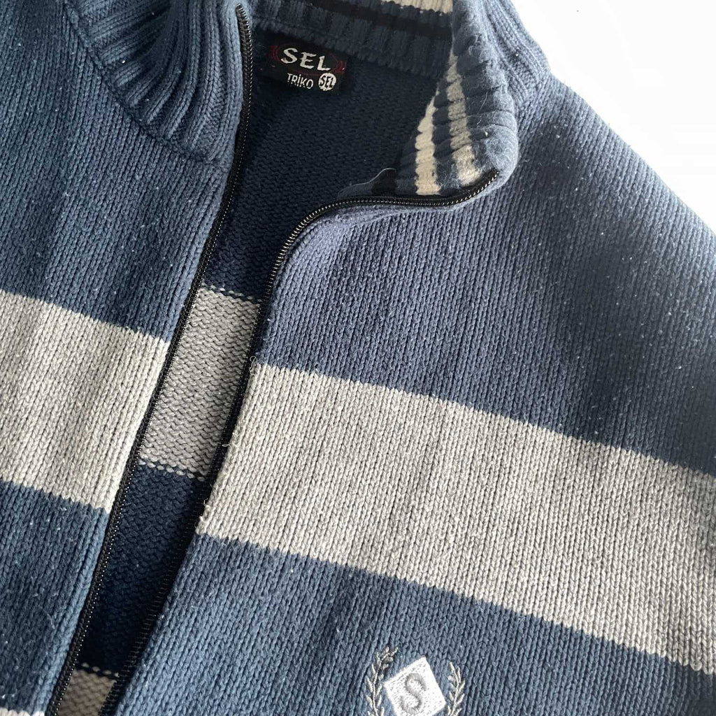 Vintage men Sel blue navy multi stripe high neck knitted full zip sweater in L|SKU 5731