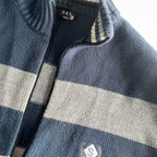 Vintage men Sel blue navy multi stripe high neck knitted full zip sweater in L|SKU 5731