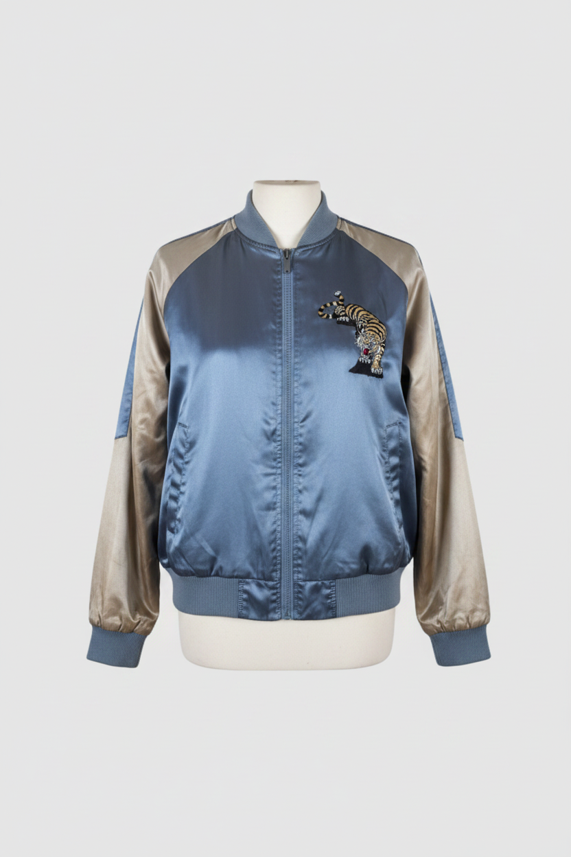 Vintage Soulstat Tiger graphics grey colourblock bomber jacket size L|L30W22|SKU 4410
