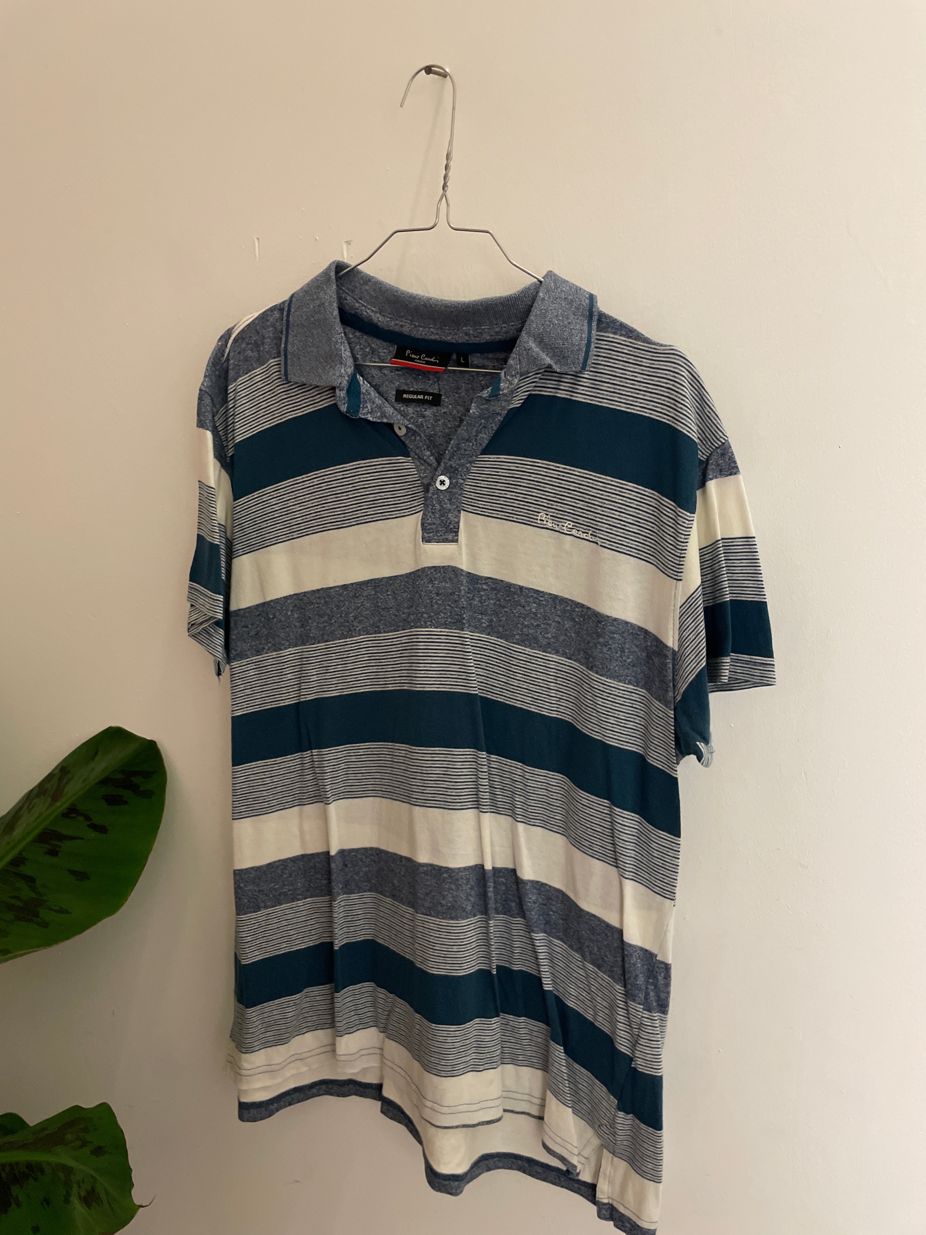 Vintage pierre cardin blue stripped regualar fit large mens polo shirt