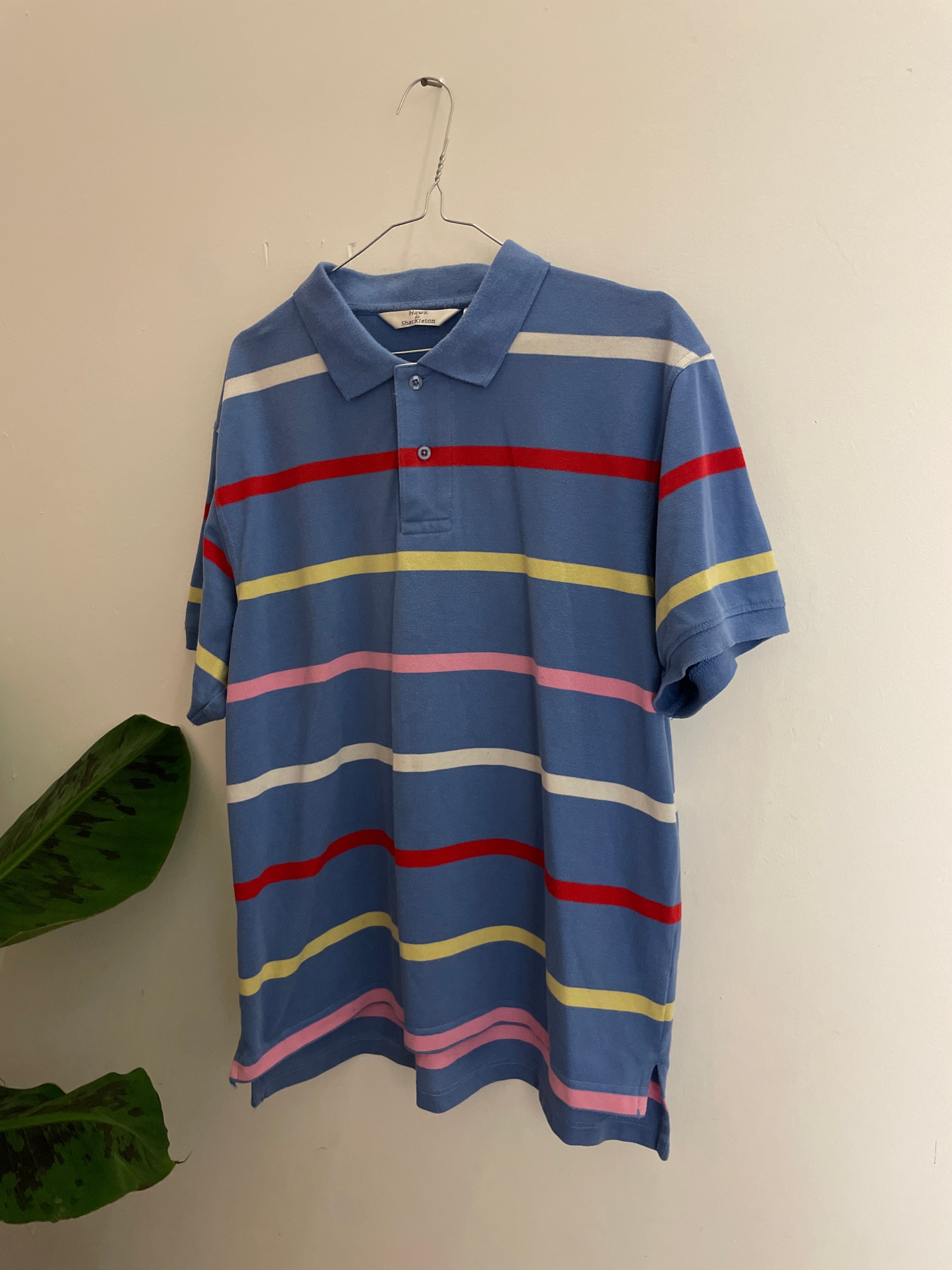 Vintage hawk and shackleton blue stripped mens polo shirt size L
