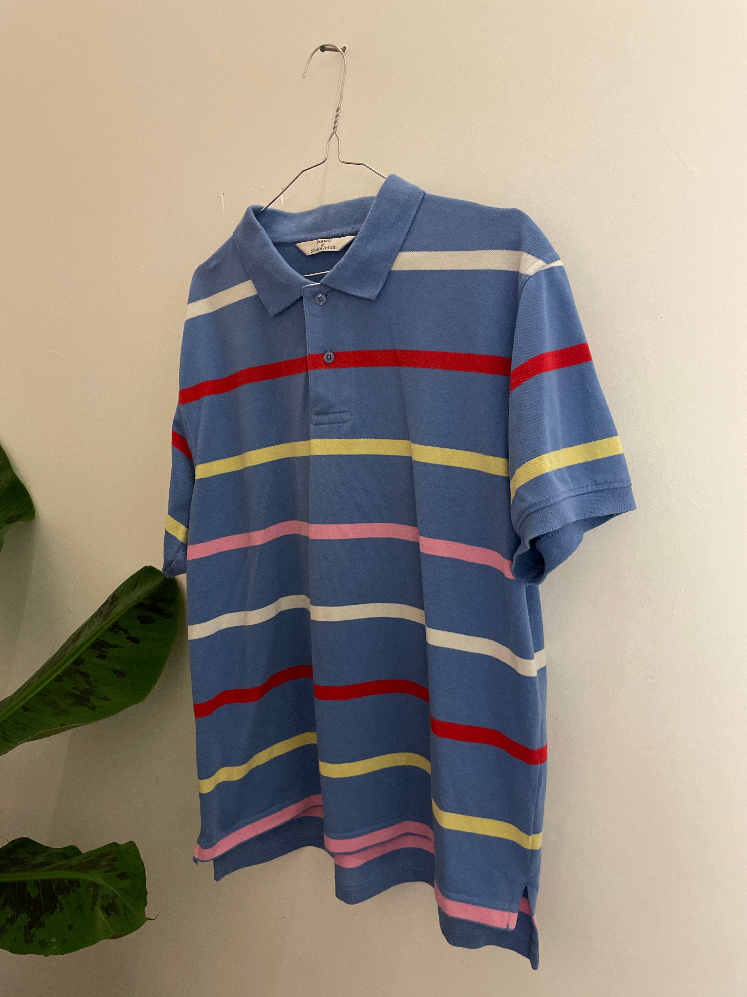 Vintage hawk and shackleton blue stripped mens polo shirt size L