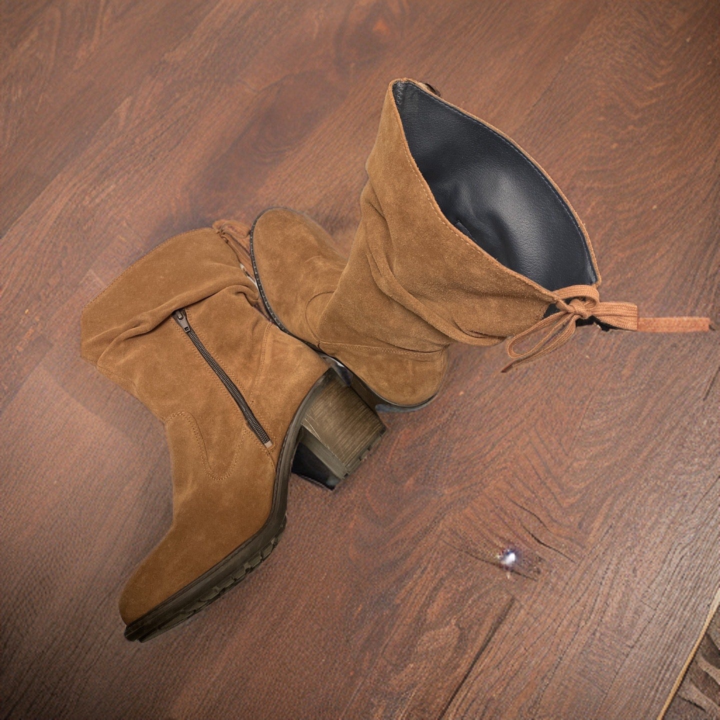 Vintage brown suede cowboy highboot with heel and zipper