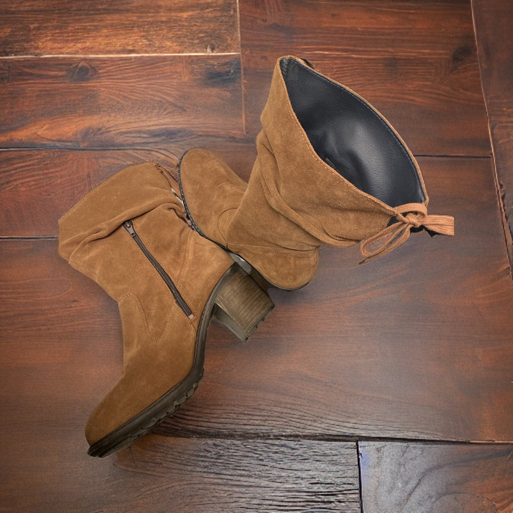 Vintage brown suede cowboy highboot with heel and zipper
