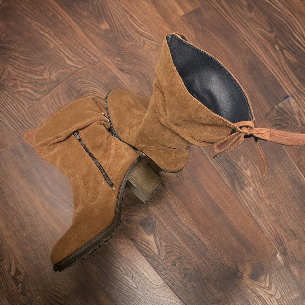 Vintage brown suede cowboy highboot with heel and zipper