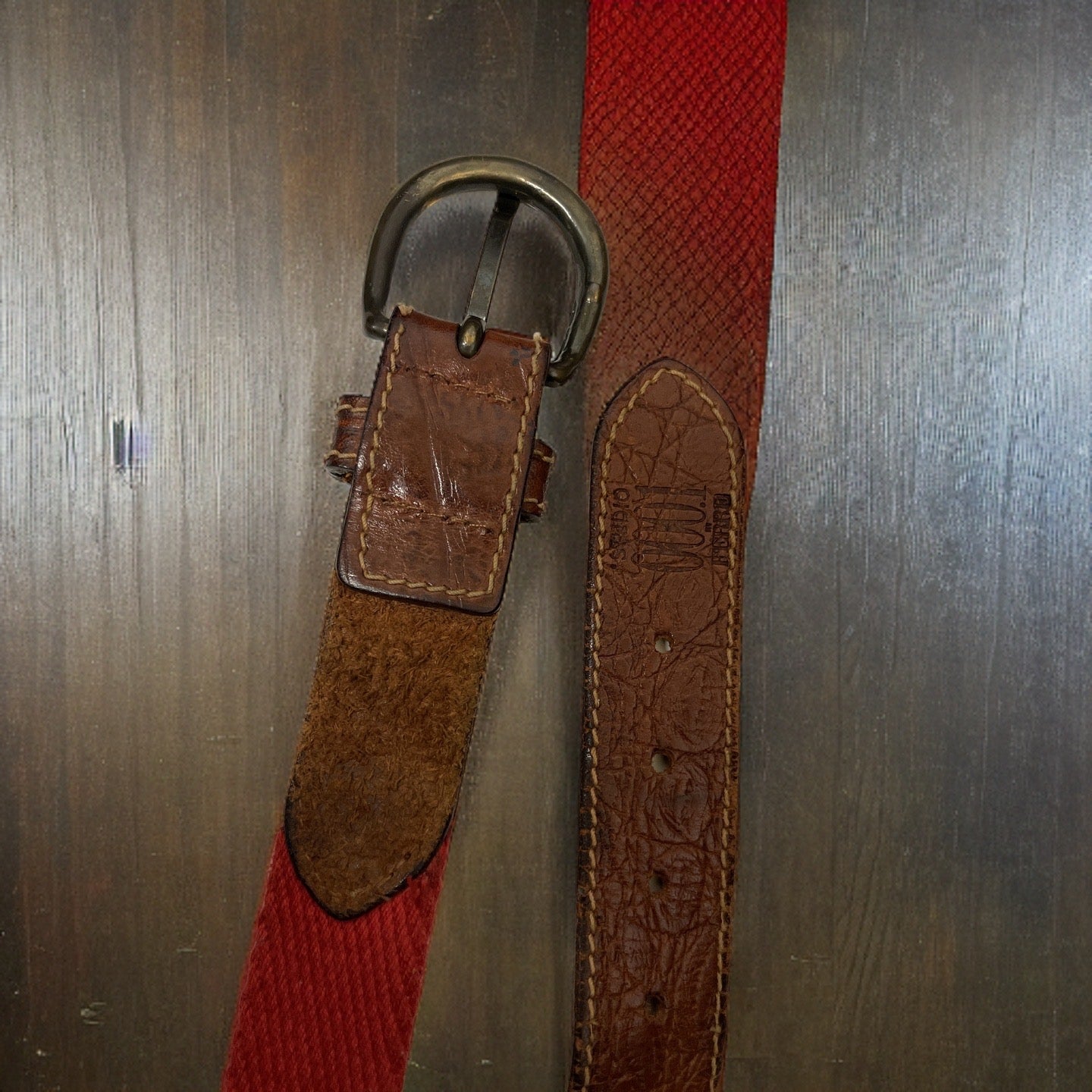 Vintage red braided elastic leather mens medium belt