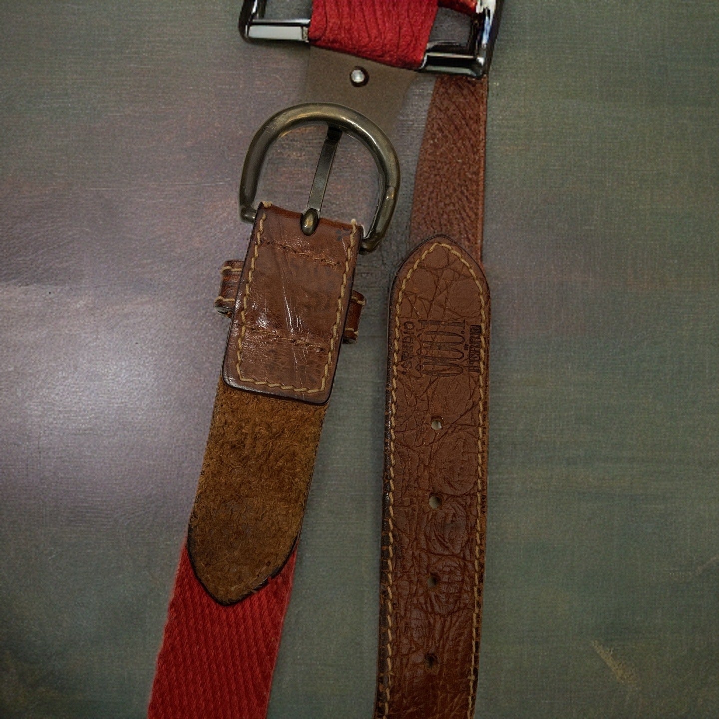 Vintage red braided elastic leather mens medium belt