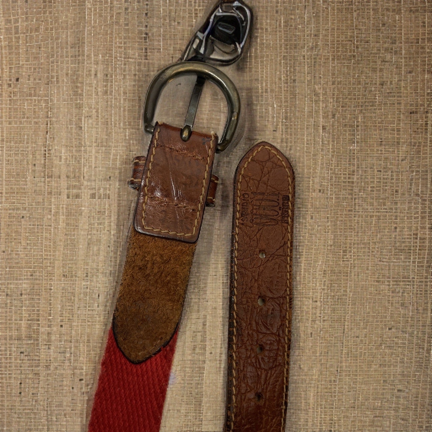 Vintage red braided elastic leather mens medium belt